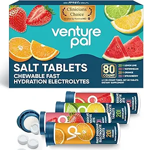 Venture Pal Chewable Electrolyte Tablets, 80 Grev Fast- Opløs sukkerfri stick salt tablets - Variety Pack til hurtig hydrering, Udendørs løb, vandreture, Sports Buddy 124; Keto & Vegan Friendly
