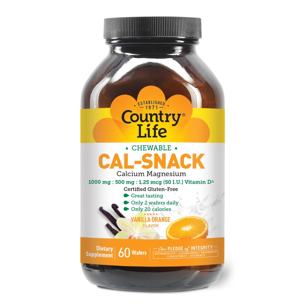 Country Life Cal- Snack, Chewable Calcium, Magnesium med vitamin D, 1000mg / 500mg / 50 IE, Dairy- Free, Vanilla Orange Flavor, 60 Wafers, Certified Gluten Free, Certified Vegan