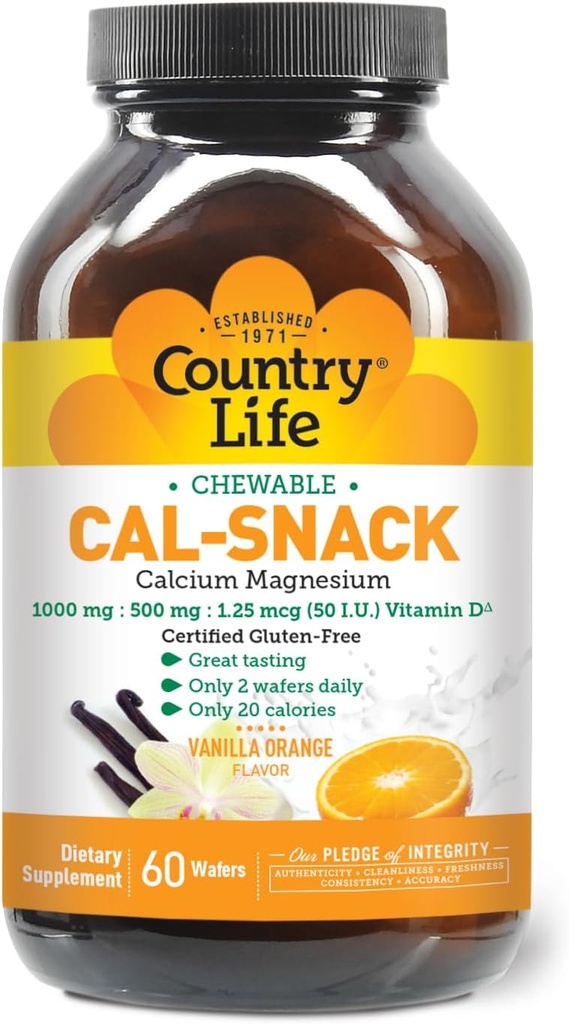 Country Life Cal- Snack, Chewable Calcium, Magnesium med vitamin D, 1000mg / 500mg / 50 IE, Dairy- Free, Vanilla Orange Flavor, 60 Wafers, Certified Gluten Free, Certified Vegan