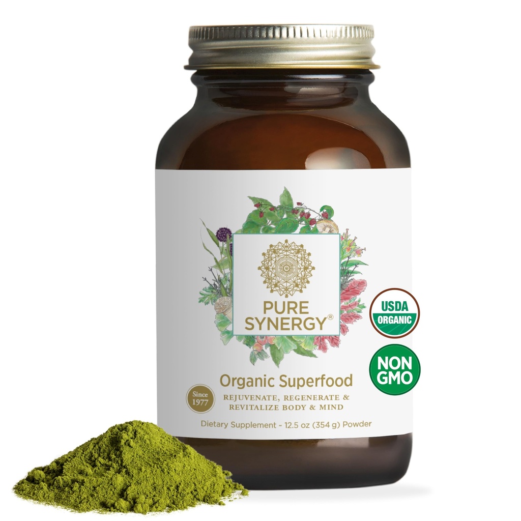 PURE SYNERGY Organic Superfood Powder # 124; Green Superfood Powder # 124; Hele fødevarer supplement med økologiske grønne, Spirulina og svampe # 124; for energi, sund aldring, og immunforsvar (12,5 oz)