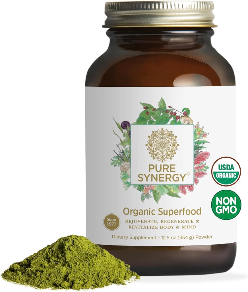 PURE SYNERGY Organic Superfood Powder # 124; Green Superfood Powder # 124; Hele fødevarer supplement med økologiske grønne, Spirulina og svampe # 124; for energi, sund aldring, og immunforsvar (12,5 oz)