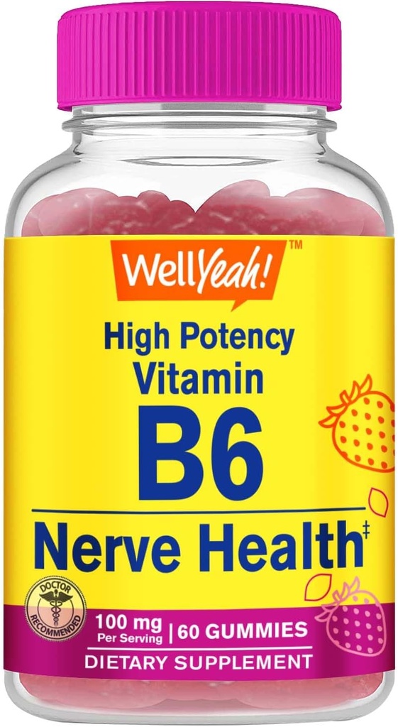 WellYe High Potency Vitamin B6 Gummies - fremmer nerve sundhed, kognitiv funktion, mad regulering, immunforsvar, og hjerte-kar sundhed - Vegan, non-GMO, gluten- fri - 60 Greve
