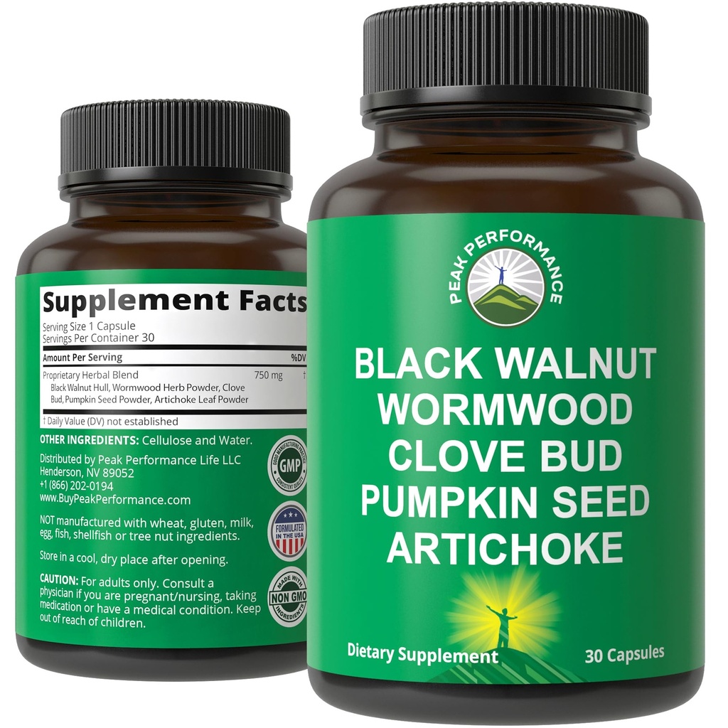 Wormwood Black Walnut Clove Cleanse for mennesker. Elimination Detox + Intestinal Support Kapsler Supplement for voksne og børn. Piller med Artiskoke og Græskar frø for yderligere fordele