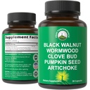 Wormwood Black Walnut Clove Cleanse for mennesker. Elimination Detox + Intestinal Support Kapsler Supplement for voksne og børn. Piller med Artiskoke og Græskar frø for yderligere fordele