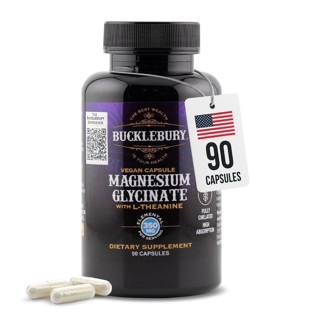 Bucklebury Magnesium Glycinate Kapsler med L- Theanine 350 mg - Avanceret formel for stress Relief, Muscle & Bone Health Support - Magnesium Glycinate Kosttilskud til kvinder og mænd - Vegan 90 Greve