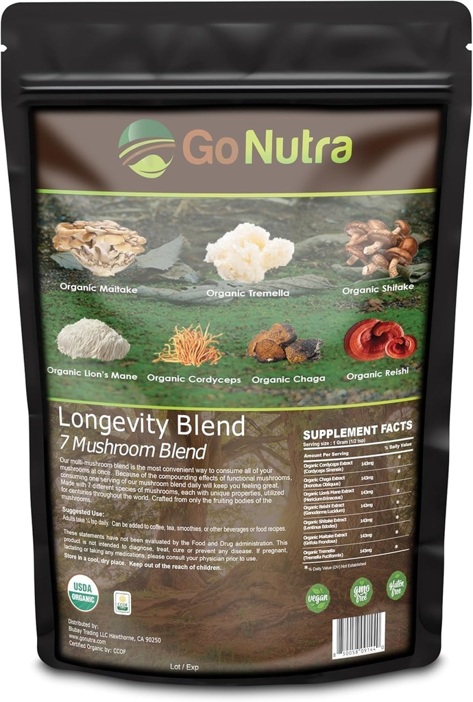 Go Nutra - Økologisk 7 Mushroom supplement, Longevity Mushroom pulver med løvens Mane, Chaga, Shiitake, Maitake, Reishi, Tremella, og Cordyceps Mushroom, Non- GMO, Gluten- Free, Vegan, 8 oz
