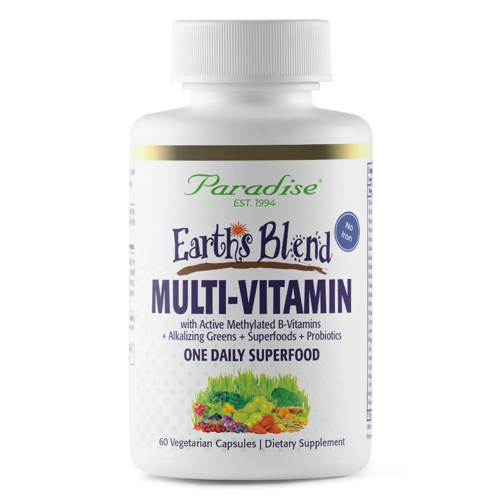 Paradise urter Jordens Blend Én gang Daglig Multivitamin for mænd, Ingen jern, 48 Organic Superfoods, Probiotika, og Vitaminer A, B12, C, D, K2, 60 Greve