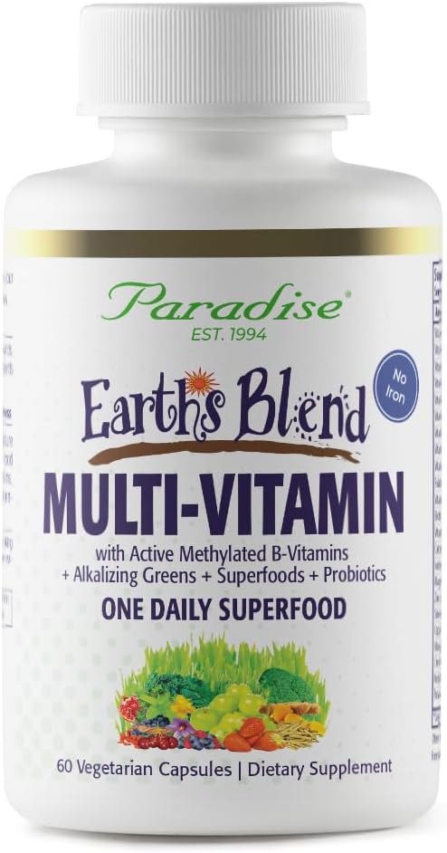 Paradise urter Jordens Blend Én gang Daglig Multivitamin for mænd, Ingen jern, 48 Organic Superfoods, Probiotika, og Vitaminer A, B12, C, D, K2, 60 Greve