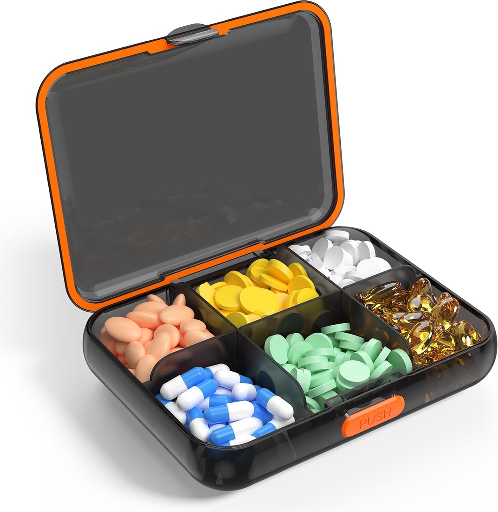 Large Travel Pill Organizer Portable Dispenser Moisture Resistant Pill Case for Vitamins Medications Fish Oil Supplements 6 Compartment Pill Box Removable Dividers (Black)