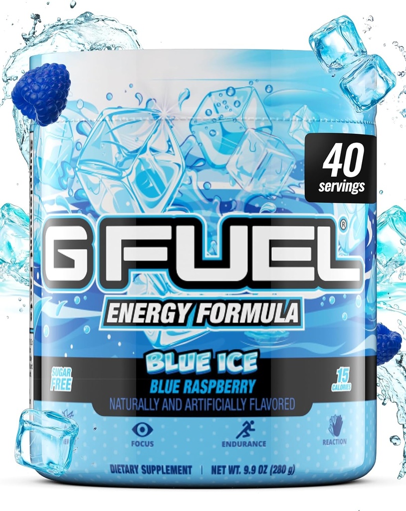G Brændstof Blå Ice Energy Drink Powder, Pre Workout Koffein Mix for Gaming, Sugar Free Focus Amino, Vitamin + Antioxidanter, 9.9oz (Blå Hindbær, 40 Servere)