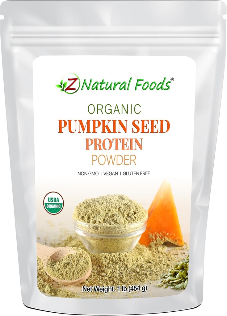 Z Naturlige fødevarer Økologiske græskarfrø Protein Powder - Nutrient- Dense Fiber Supplement, Vegan Græskarprotein Pulver til hår hud negle Muskelsundhed - Ideel til smoothies Shake Bagning opskrifter, 1 LB