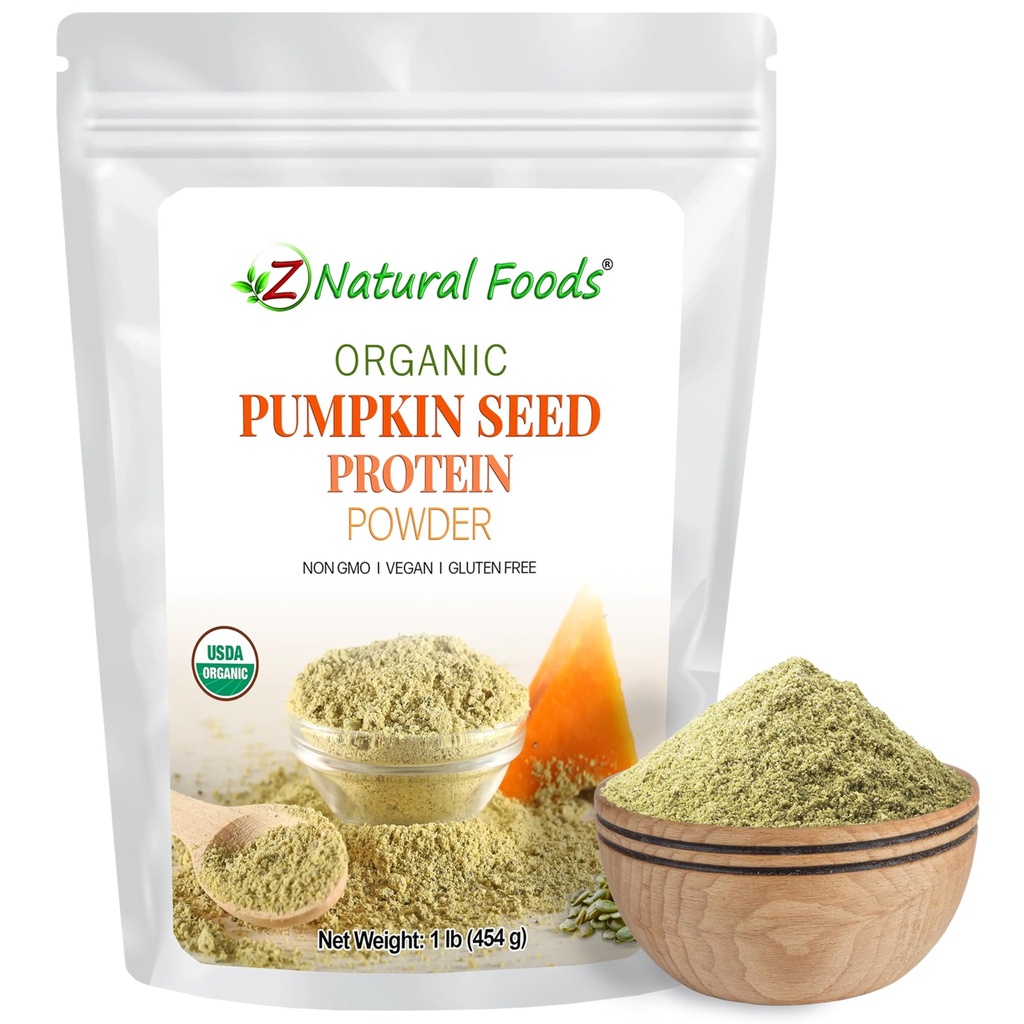 Z Naturlige fødevarer Økologiske græskarfrø Protein Powder - Nutrient- Dense Fiber Supplement, Vegan Græskarprotein Pulver til hår hud negle Muskelsundhed - Ideel til smoothies Shake Bagning opskrifter, 1 LB
