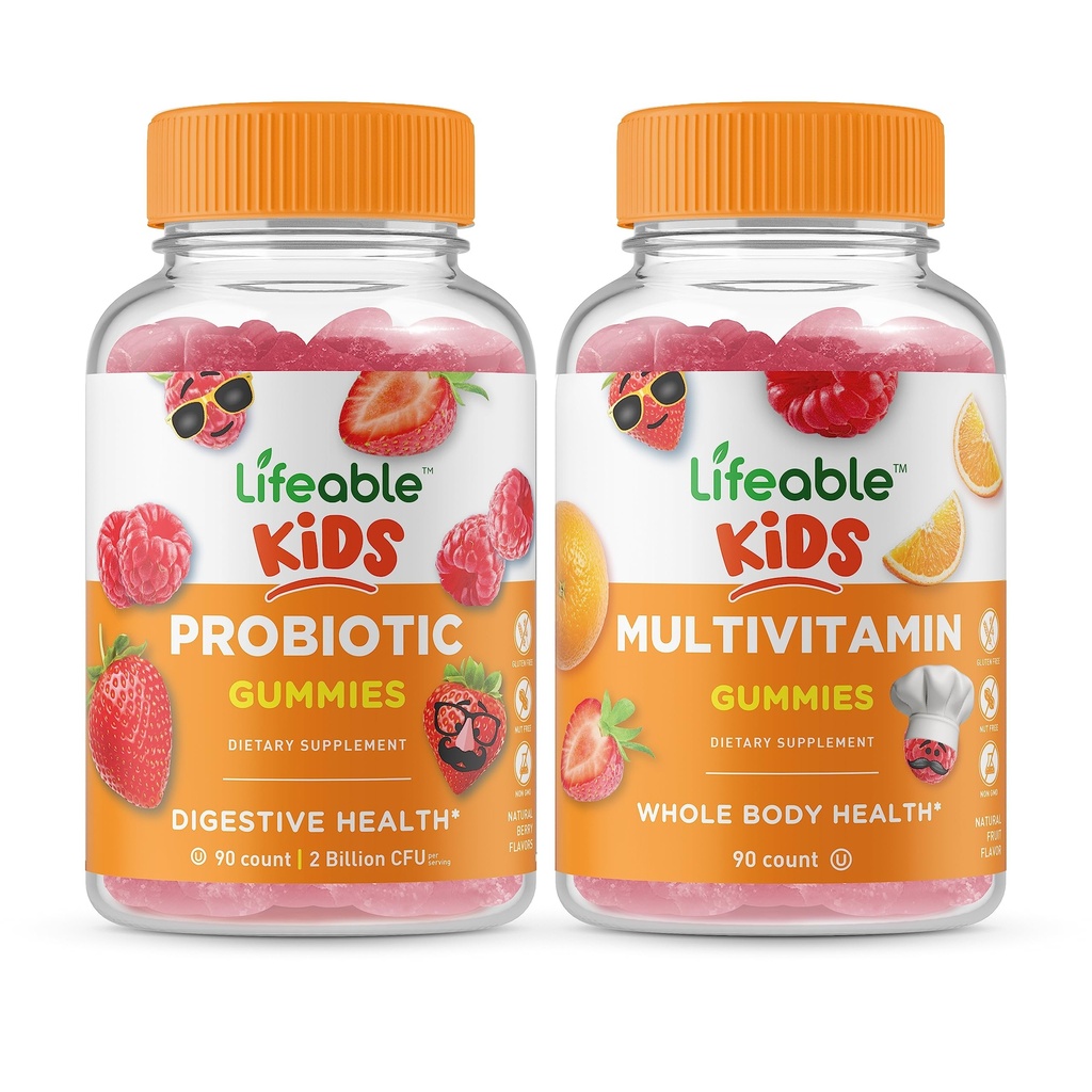 Lifeable Probiotic 2 Millioner CFU Kids + Multivitamin Kids, Gummies Bundle - Great Tasting, Vitamin Supplement, Gluten Free, GMO Free, Chewable Gummy