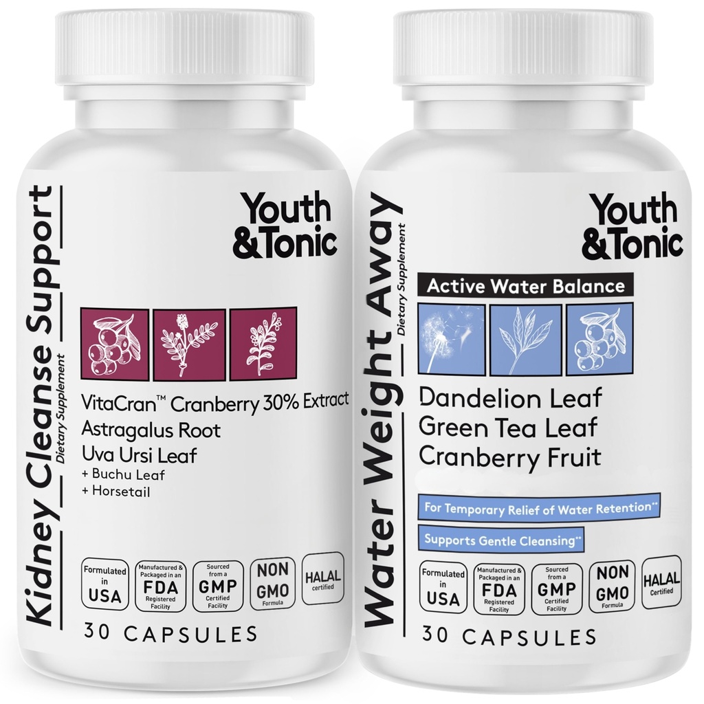 Youth & Tonic Daily Water Retention Pills til Nyre Rengøring Hævelse og Overskydende Krop Fluider & Metabolisk Affald / 30 + 30 Kapsler