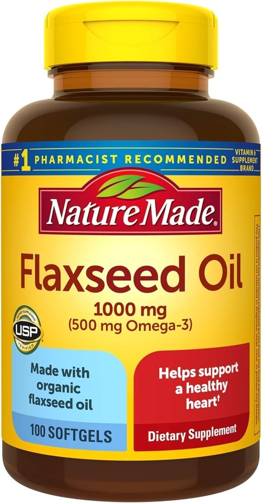 Nature Made Flaxseed Oil 1000 mg, Fish Free Omega 3 tillæg, Kosttilskud til hjerte sundhed support, 100 Softgels, 100 dages forsyning