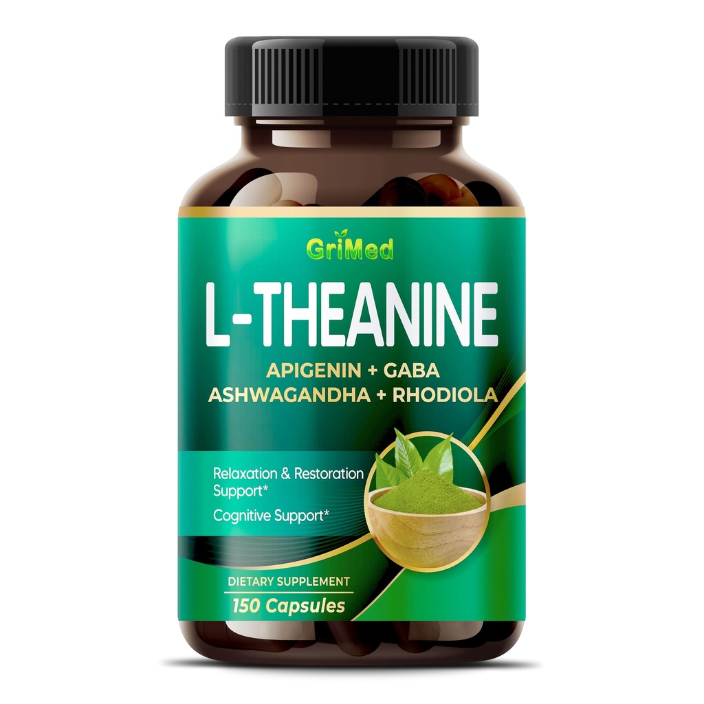GriMed L- Theanine 11,900mg- X10 Power med Apigenin, GABA Ashwagandha, Rhodiola - Afslapning og restaurering fokus og hukommelse - Made in USA (150 Count (Pack of 1))
