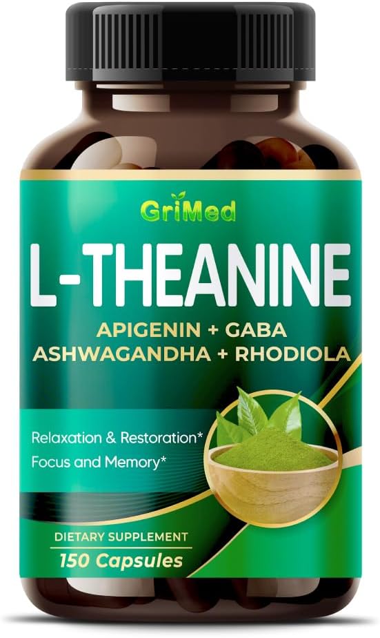 GriMed L- Theanine 11,900mg- X10 Power med Apigenin, GABA Ashwagandha, Rhodiola - Afslapning og restaurering fokus og hukommelse - Made in USA (150 Count (Pack of 1))
