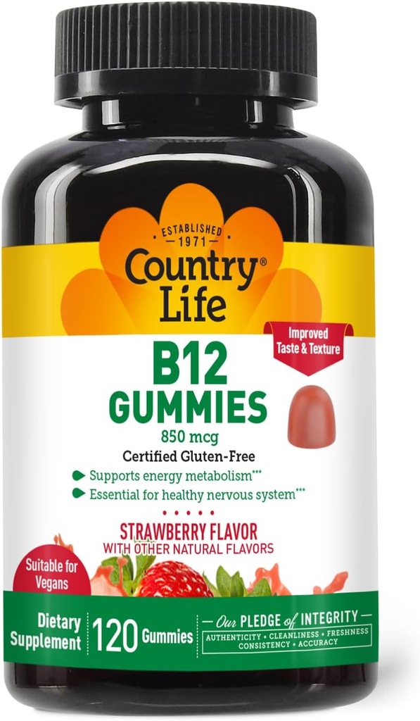 Country Life Vitamin B12 Gummies - 850 mcg Cyanocobalamin, 120 Count - Vegan, Gluten- Free Gummy Supplement for Energy Metabolisme & Nervesystemet Support - Natural Strawberry Flavor, 2g Sukker