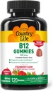 Country Life Vitamin B12 Gummies - 850 mcg Cyanocobalamin, 120 Count - Vegan, Gluten- Free Gummy Supplement for Energy Metabolisme & Nervesystemet Support - Natural Strawberry Flavor, 2g Sukker