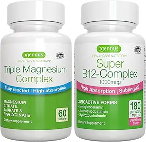 Triple Magnesium Complex + Super B12- Complex Energy Bundle, High Absorption Chelated Glycinate, Taurate & Citrate Magnesium + High Absorption Sublingual B12, Vegan, af Igennus
