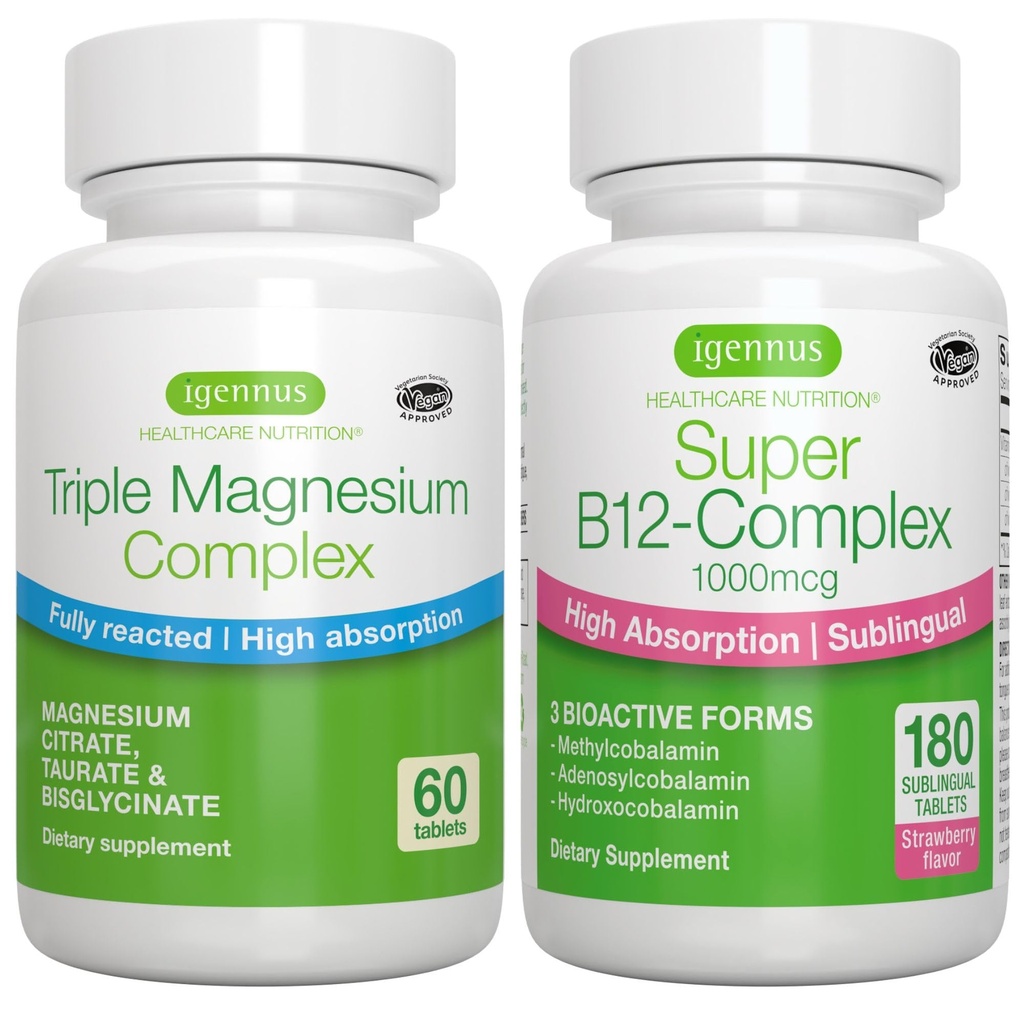 Triple Magnesium Complex + Super B12- Complex Energy Bundle, High Absorption Chelated Glycinate, Taurate & Citrate Magnesium + High Absorption Sublingual B12, Vegan, af Igennus
