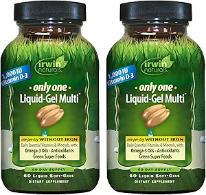 Irwin Naturals Only One Liquid- Gel Multi uden jern - 60 Flydende Soft- Gels, pakke med 2 - Omega-3 Olier, Antioxidanter & grønne Super Foods - 120 Total Servering