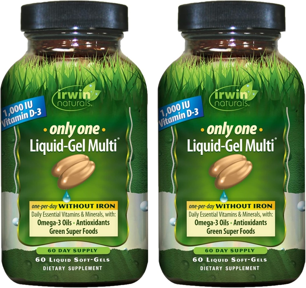 Irwin Naturals Only One Liquid- Gel Multi uden jern - 60 Flydende Soft- Gels, pakke med 2 - Omega-3 Olier, Antioxidanter & grønne Super Foods - 120 Total Servering