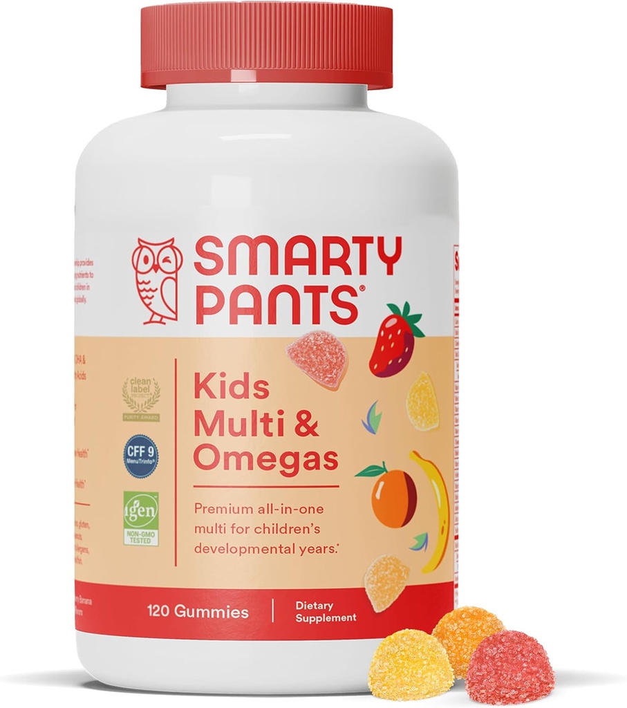 SmartyPants Kids Komplette Gummy Vitaminer: Multivitamin, D3-vitamin, B12 (Methylcobalamin), OG Omega 3 DHA / EPA Fish Oil, 120 tæller