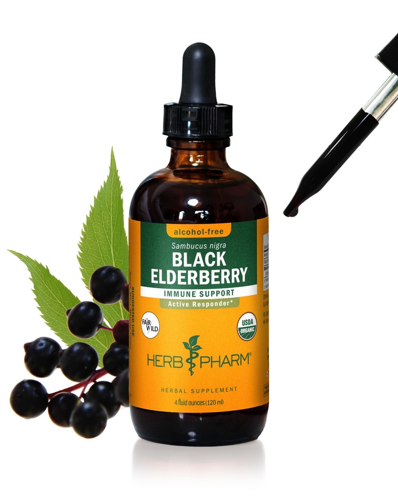 Herb Pharm Certified Organic Black Elderberry Liquid Extract for Immunsystemet Support, Alkohol- Free Glycerit, 4 Ounce