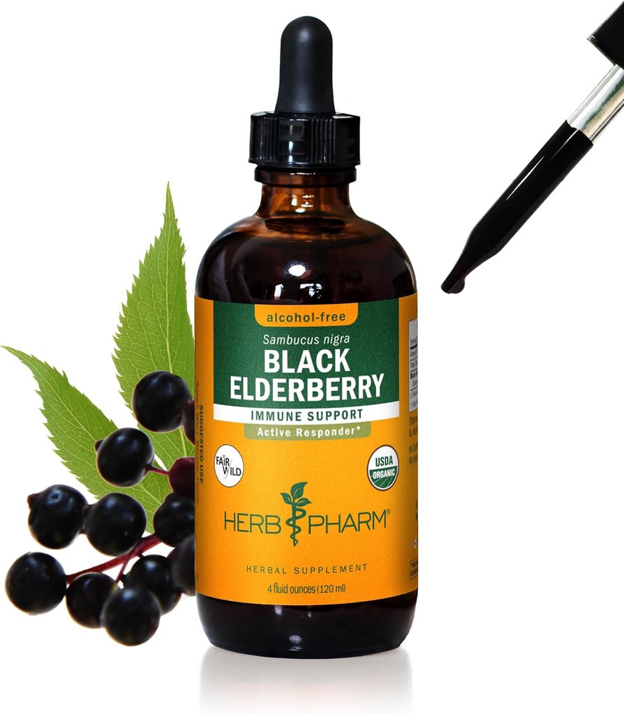 Herb Pharm Certified Organic Black Elderberry Liquid Extract for Immunsystemet Support, Alkohol- Free Glycerit, 4 Ounce
