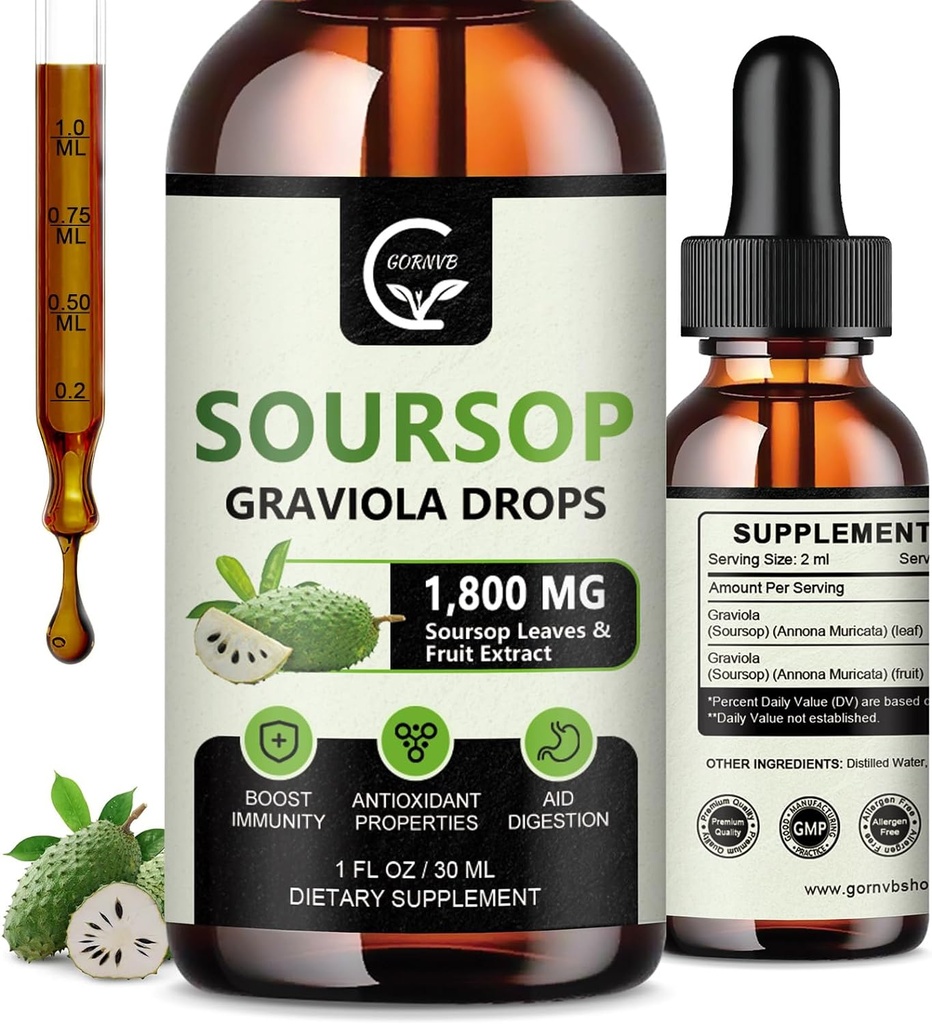 (2 Pack) Soursop Graviola Liquid Drops 1800mg, 98% Absorption Soursop Bitters Liquid for Cell Support & Regeneration, Immunboost, Relax, Lever og søvn, Urte Godhed, Gluten Free, 1 Fl Oz