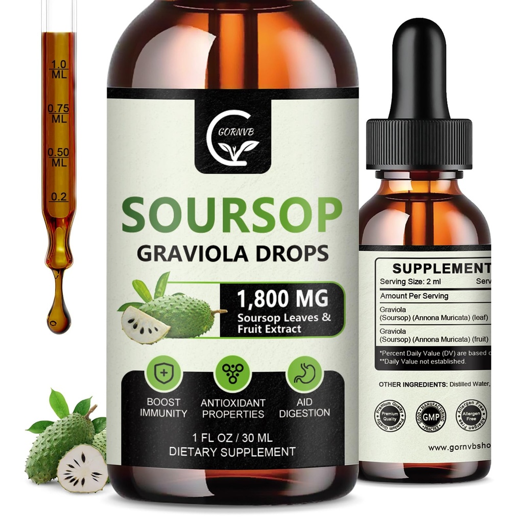 (2 Pack) Soursop Graviola Liquid Drops 1800mg, 98% Absorption Soursop Bitters Liquid for Cell Support & Regeneration, Immunboost, Relax, Lever og søvn, Urte Godhed, Gluten Free, 1 Fl Oz