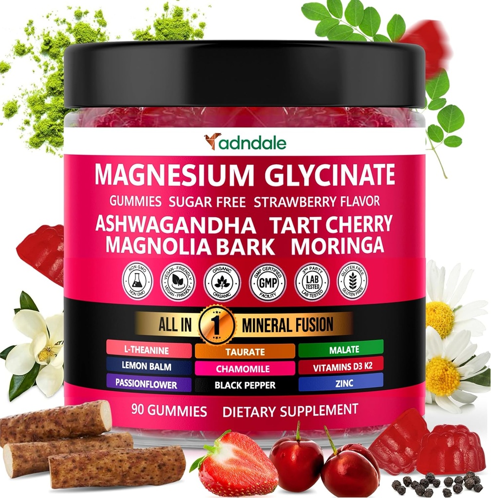 Adndale 90ct 15- in-1 Magnesium Glycinate Gummies 400 mg / serv- med Magnesium Malat, Ashwagandha, Tart Cherry, Magnolia Bark, Lemon Balm, Passionflower, Kamille, L- Theanin, Zink, Vitamin K2 & D3
