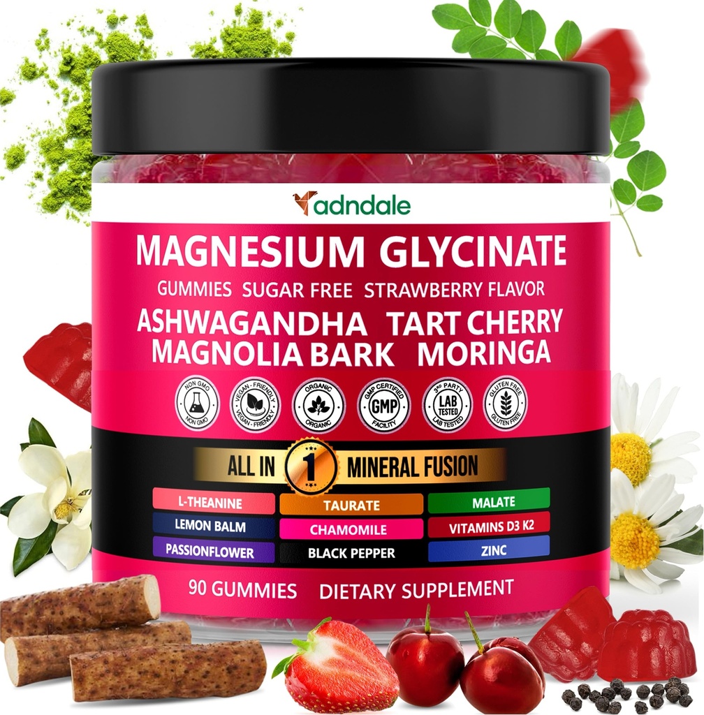 Adndale Magnesium Glycinate 400 mg Gummies with Ashwagandha, Magnesium Malate & Taurate, Tart Cherry, Magnolia Bark, Lemon Balm, Passionflower, Chamomile, L-Theanine, Zinc, Vitamin K2 & D3. 90CT