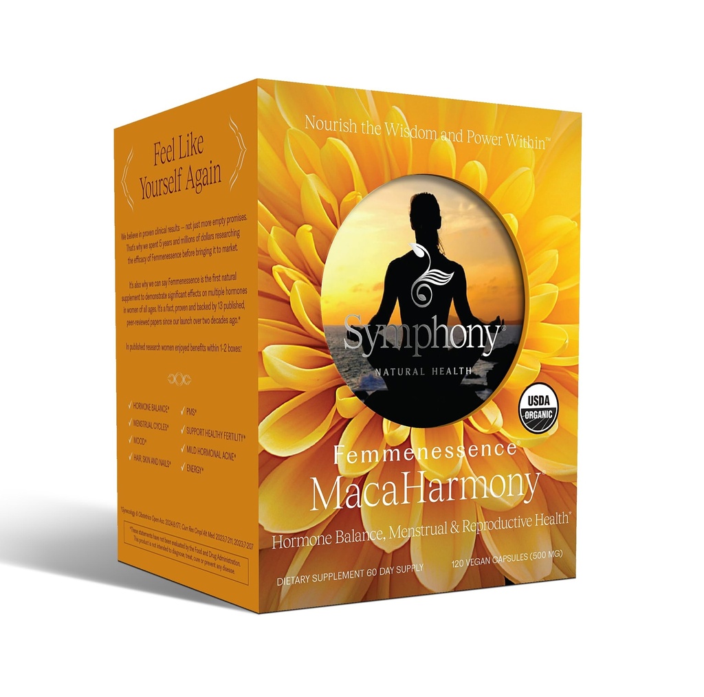 Femmenessens MacaHarmony - Scientific Proven to Support Hormone Balance for Women, Regelmæssig menstruationscyklus, PMS, Acne, Sund Hud, Fertilitet, Natural Organic Maca Kapsler (120)