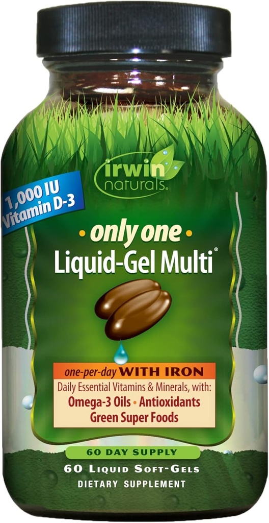 Irwin Naturals Only One Liquid- Gel Multi - 60 Softgels - One- Per- Day Multivitamin med jern, Omega-3 Olier, Antioxidanter & Green Super Foods
