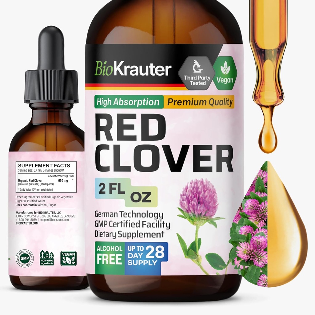 BIO KRAUTER Red Clover Tincture - Red Clover Extract - Flydende supplement til kvinders støtte - Alkohol og sukker gratis - Vegan Drops 2 Fl.Oz.