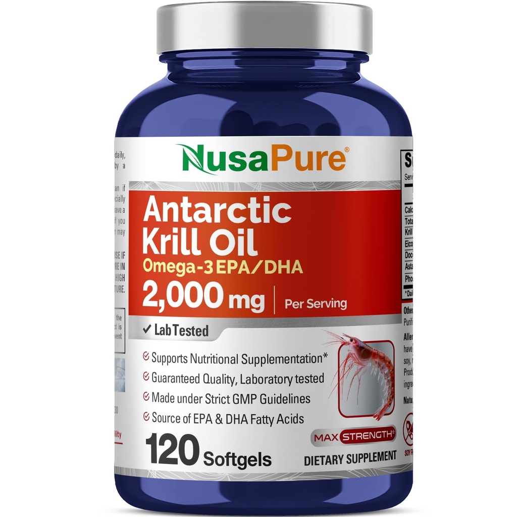 NusaPure Antarctic krill Oil 2000 mg 120 Softgels, Omega-3 EPA 360mg, DHA 240mg, Soyfree Astaxanthin Supplement Sourced from Krill 800ppm