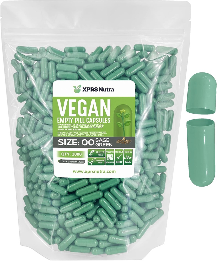 XPRS Nutra Størrelse 00 Tomme kapsler - 1000 Tomme Veganske kapsler - Vegetariske Tomme piller - Du Vegetabilske Kapsler Filling- Veggie Pill Caps (Sage Green)