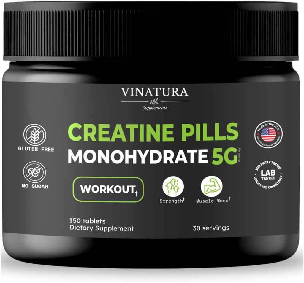 VINATURA Creatine monohydrat piller 5g - kreatin tabletter, kreatin piller til mænd, kvinder, kreatin en capsulas * USA Made & Testet * Ikke aromatiseret, kreatinmonohydrat Pulver alt, 150 tabletter 30 Servere