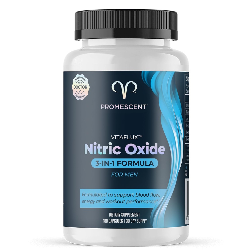 Promescent VitaFLUX nitrogenoxid supplement, L arginin l kvalitet Citrullin kosttilskud til mænd, understøtter sund blodgennemstrømning, nitrogenoxid booster arginin supplement, 180 kapsler