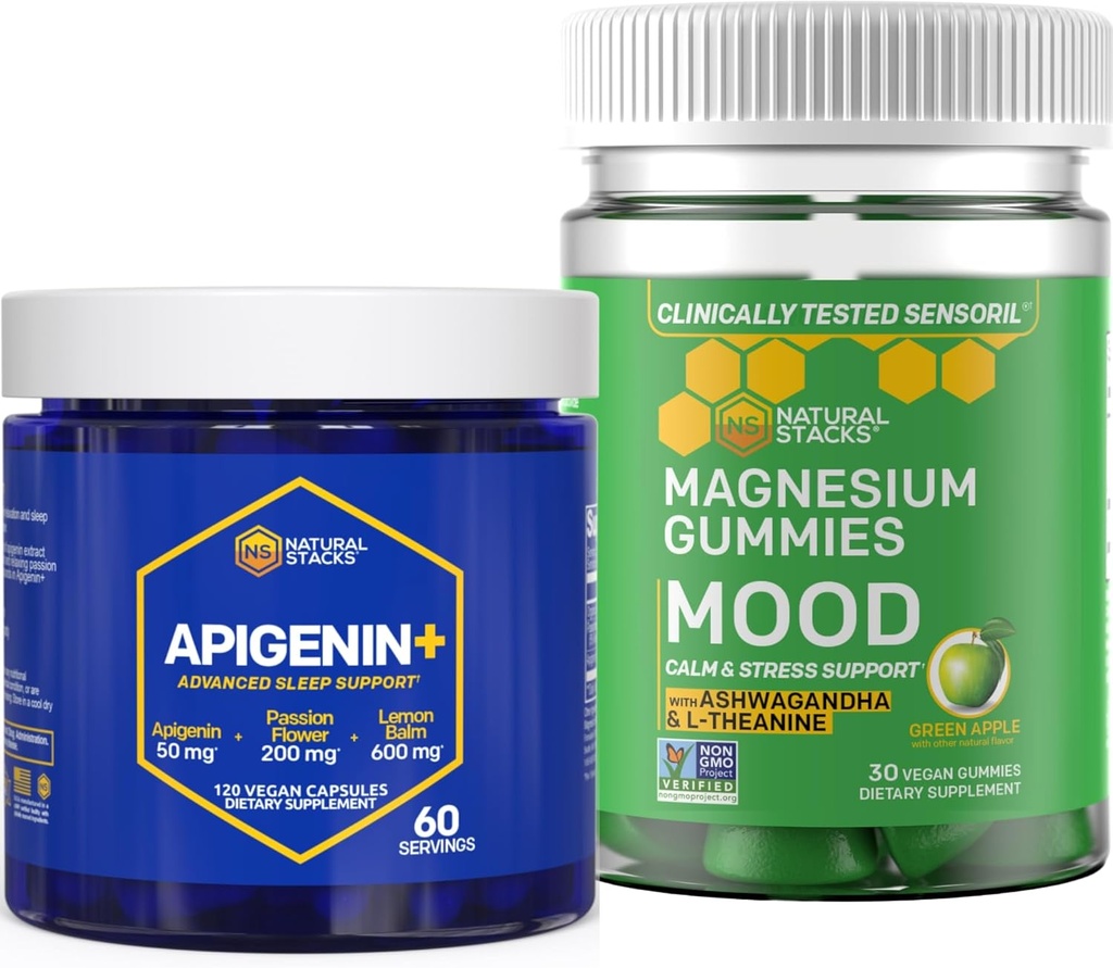 Naturlige stakke Apigenin + Mood Magnesium Gummies Bundle - søvn kvalitet & stress support * - 150 stykker