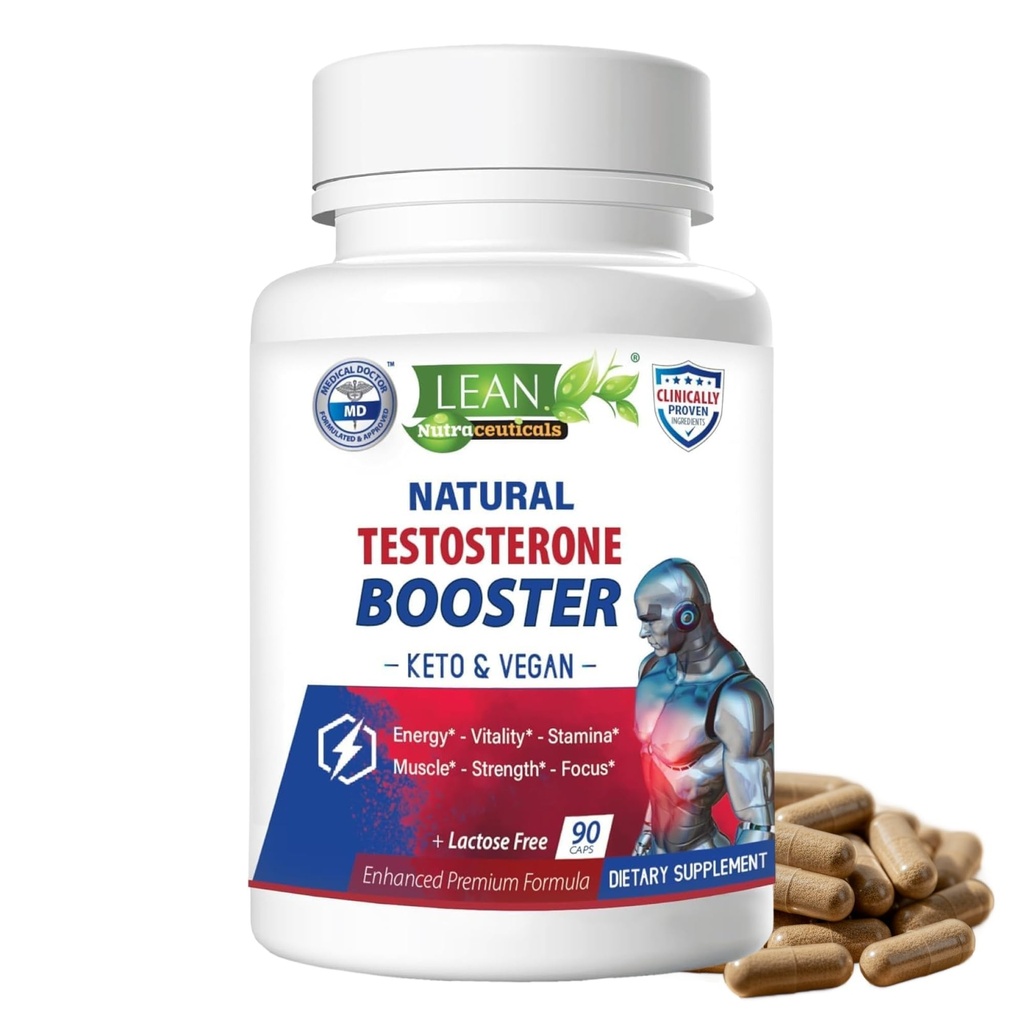 LEAN Nutra Testosteron Booster for mænd - Natural Vegan Supplement med Tongkat Ali, DHEA, Maca Root, Tribulus, Horny Geat Weed, Zink, Boron, D- Aspartasyre - Boost Styrke, Energi, Muskel - 90 Caps
