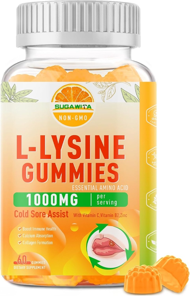 L- Lysin Gummies 1000 mg, Cold Sore Supplement med immunforsvar for læber & orale, Chewable L Lysin Gummies for voksne & børn, Boost Immunum & Collagen, Non- GMO, Vegan, Gluten Free - 60 Counts