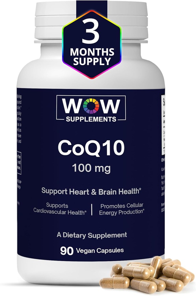 WOW Supplements CoQ10 100 mg with Hawthorn Berry - High Absorption CoQ10 100mg for Energy Production, Heart and Cellular Health - Non-GMO, Gluten-Free Coenzyme Q10 100mg Supplement - 90 Capsules
