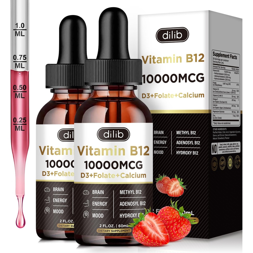 Vitamin B12 Flydende dråber Sublingual 10000 mcg, Triple B- 12 Complex Supplement, Methyl & Methylcobalamin Blend for kvinder & mænd, Mood & Energy Booster, Metabolisme & Health Support, 2 Pack
