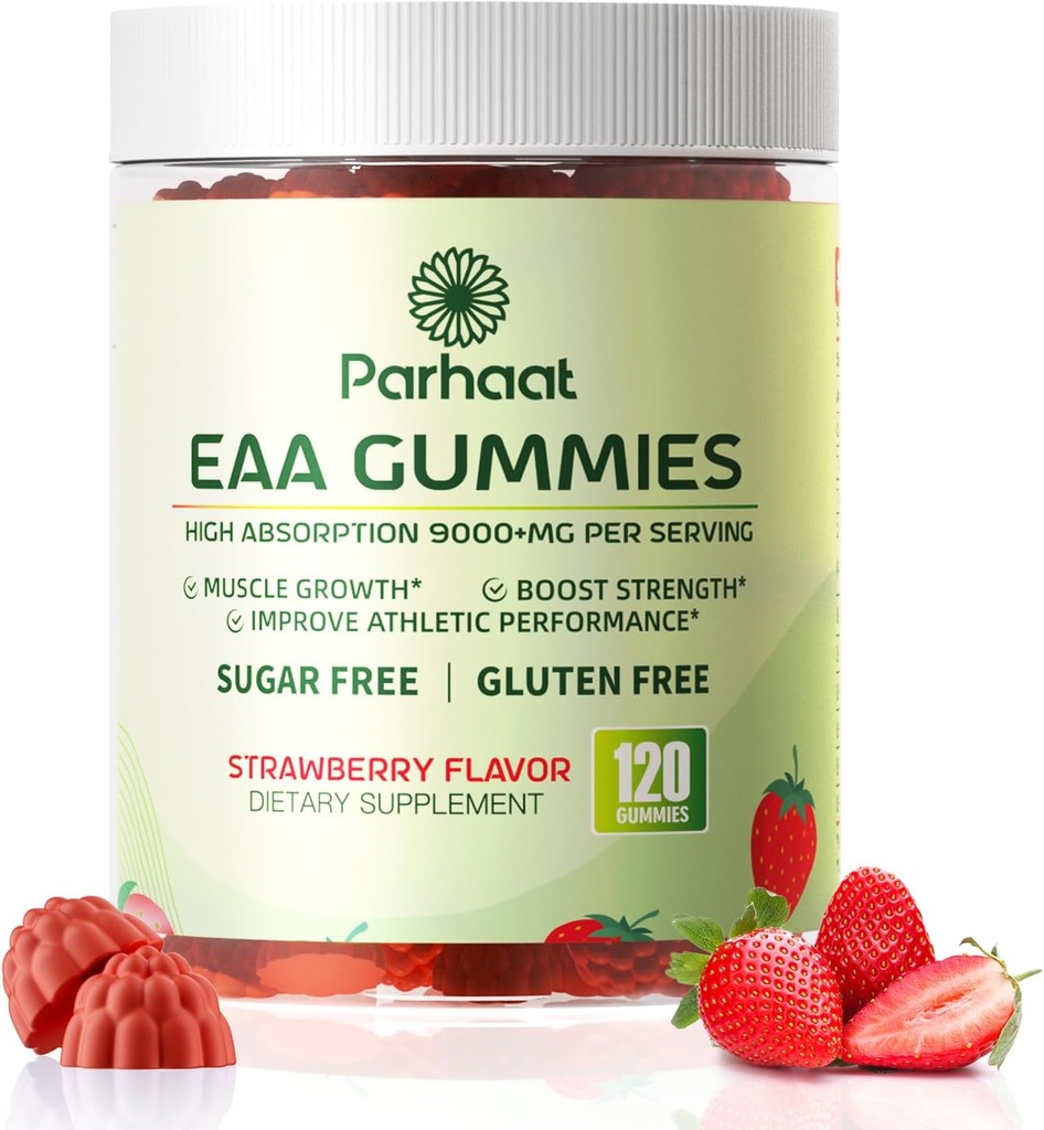 EAA Gummies 120 Gummies (Strawberry), Essential Aminosyrer - Alle 9 Essential Aminos (EAA) og All Branched- Chain Aminos (BCAAs), Non- GMO, Gluten Free, Vegetar Friendly