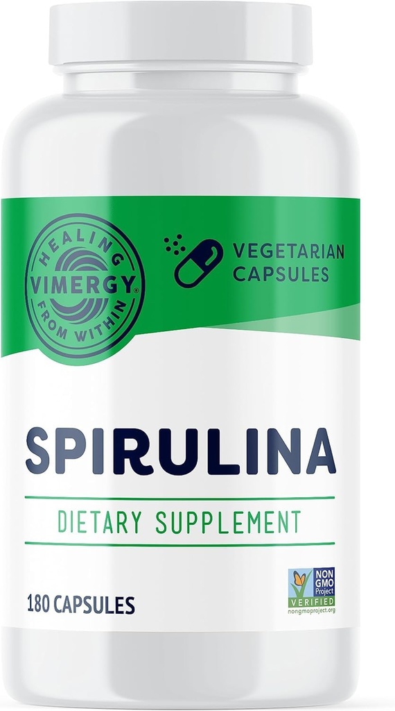 Vimergy Spirulina Kapsler - Koncentreret plante Protein understøtter immunforsvar & kardiovaskulær funktion - Vegan, Kosher, Glutenfri - 180 Kapsler