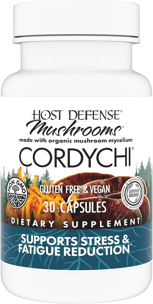 Host Defense CordyChi Kapsler - Energi & Immun Support - Cordyceps & Reishi Mushroom supplement til afslapning & Respiratorisk Support - Støtte mod træthed - 30 Kapsler (15 Servere) *