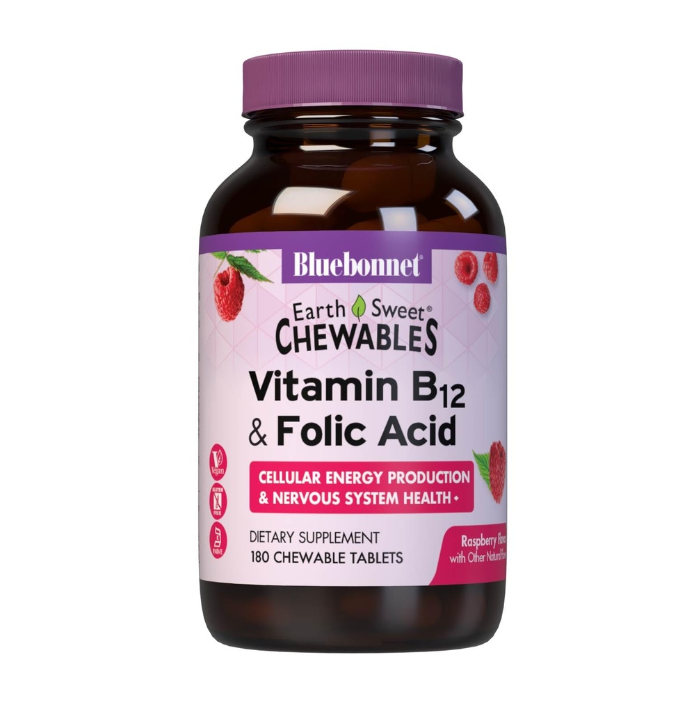 Bluebonnet Nutrition Earth Sweet Vitamin B12 1000 mcg & Folsyre 400mcg Brain Health & Energy * Vitaminer for kvinder & mænd - Vegan, Gluten- Free Raspberry B 12 Vitamin - 180 tyggetabletter